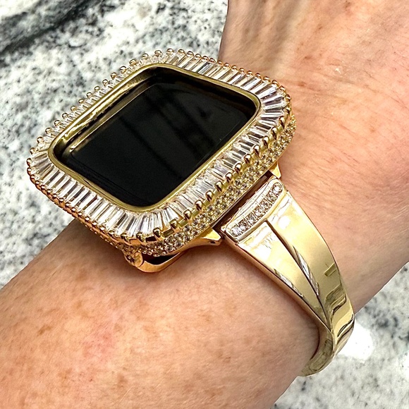 2 pc Apple Watch set yellow gold lab diamond case and crystal band classy bling - Picture 8 of 11